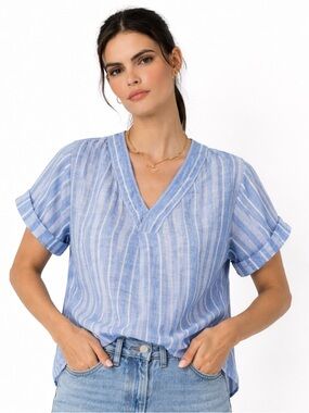 Anthropologie Pilcro Linen Henley Tunic Blue Striped Top Lightweight Medium